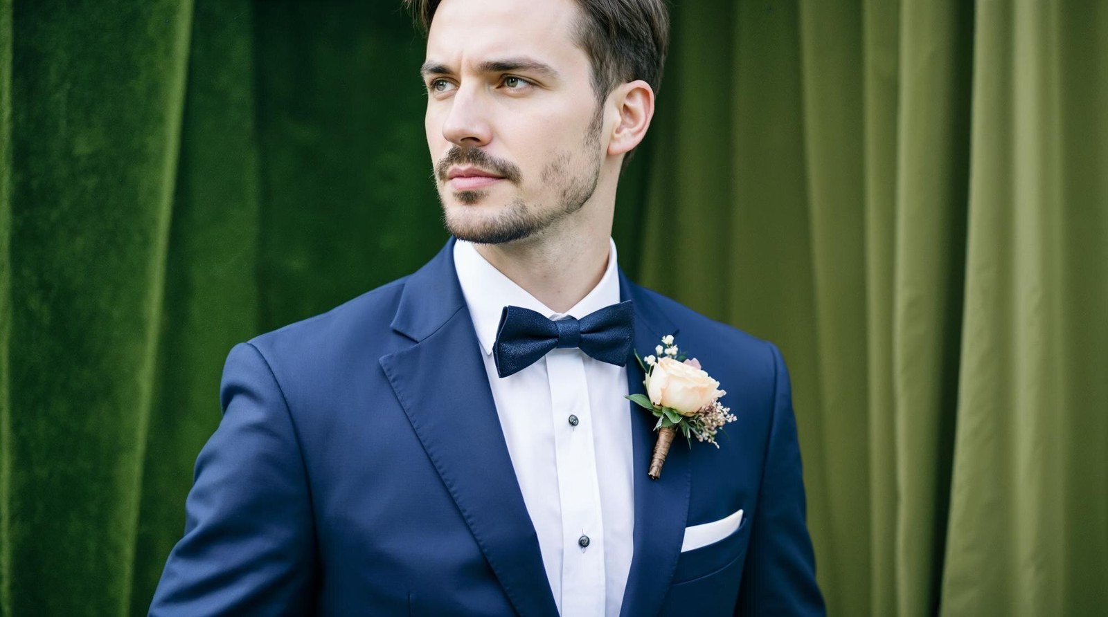 Novio con traje azul marino y pajarita