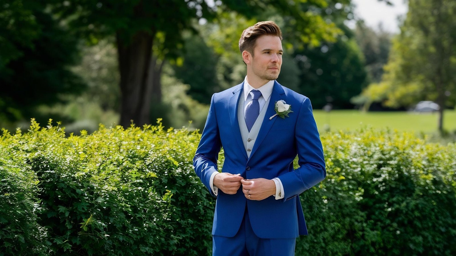 Novio con traje azul para una boda al aire libre