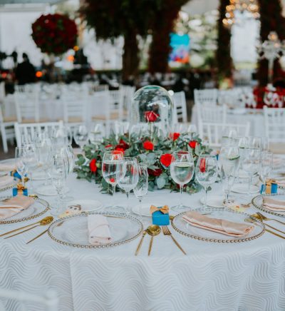 Rosa roja bajo una cúpula como detalle de boda de cuento